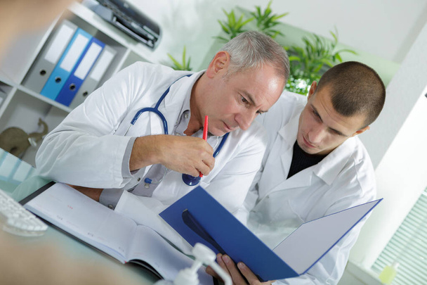senior and junior male doctors looking at file - 写真・画像