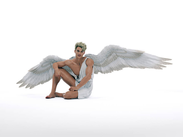 3D Render : Portrait of handsome warrior male angel with wings with the white isolated background, pin-up concept - Fotó, kép