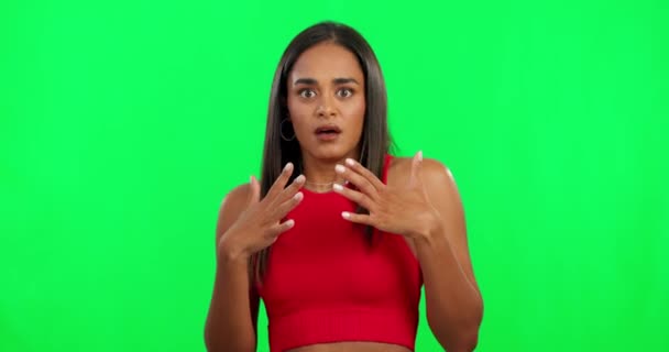 Shock, surprise and face of woman on green screen with bad news, announcement and crisis. Anxiety, worry and portrait of female person on chromakey background with wtf, omg and confused reaction. - Footage, Video