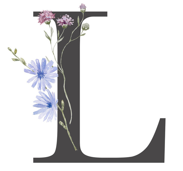 Letter with Watercolor Wildflowers on the White Background. - Photo, Image