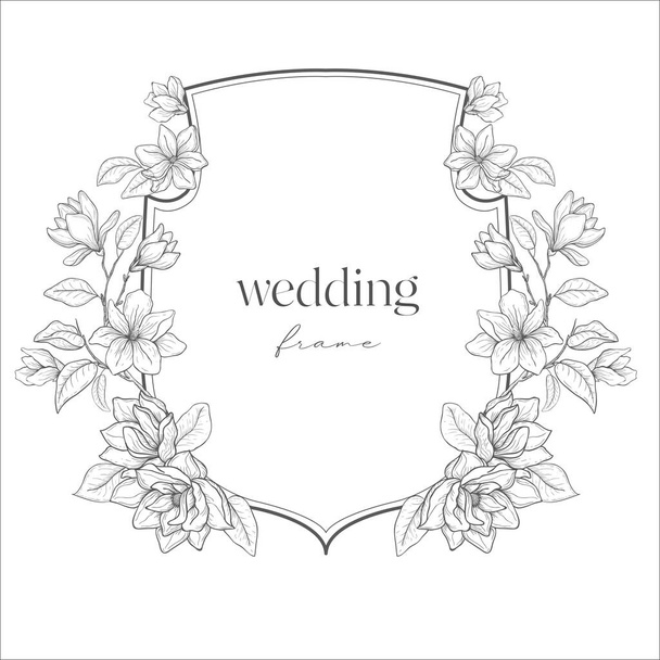 Wedding Crest with Flowers. Line Art Illustration. - Вектор,изображение