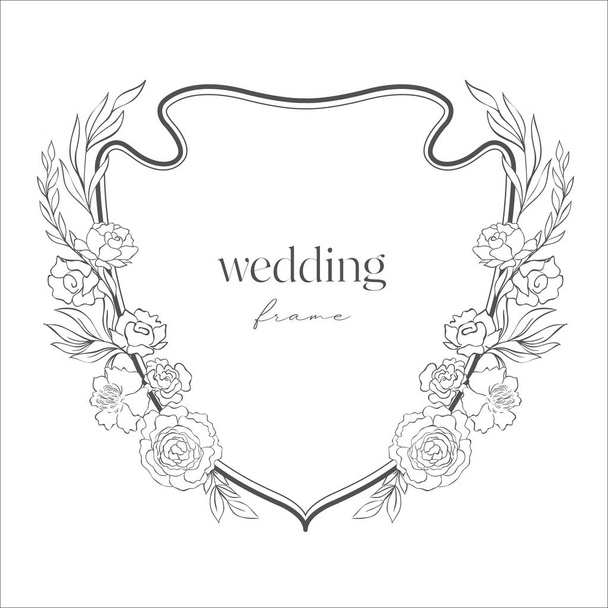 Wedding Crest with Flowers. Line Art Illustration. - Вектор,изображение