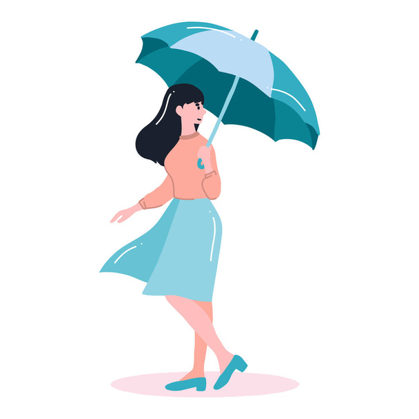 手描かれた若い女性が背景に隔離されたフラットスタイルで傘で歩く - ベクター画像