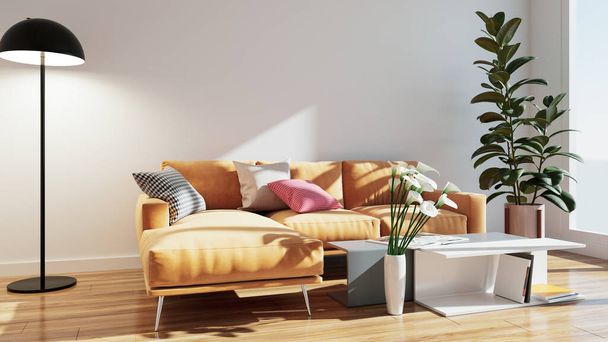 Large luxury modern bright interiors Living room mockup illustration 3D rendering computer digitally generated image - Foto, afbeelding