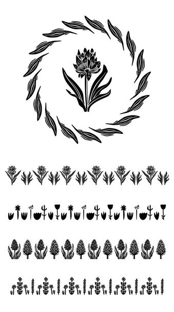 Ensemble de bordures vectorielles florales avec motif de fleurs dans une couronne scandi. Groupe de logo d'art populaire biologique en linoléum décoratif imprimé style vintage - Vecteur, image