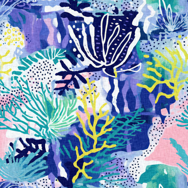  Seamless trendy underwater kelp and seaweed repeat background. Tropical modern coastal pattern clash fabric coral reef print for summer beach textile designs with a linen cotton effect. - Fotó, kép