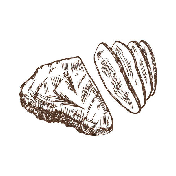  Organic food. Hand drawn vector sketch of grilled beef steak, piece of meat. Doodle vintage illustration. Decorations for the menu of cafes and labels. Engraved immage. - Vetor, Imagem