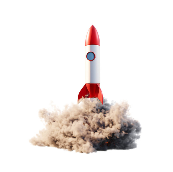 Rocket launching. Spaceship with smoke isolated on white - Photo, image