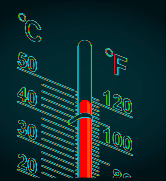 Ilustración vectorial estilizada de un termómetro con alta temperatura - Vector, imagen