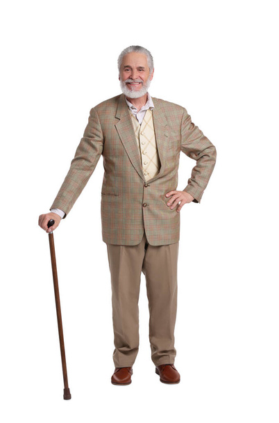 Senior man with walking cane on white background - Fotografie, Obrázek