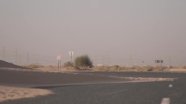 Un coche caro prima paseos en un camino de asfalto entre las dunas de arena del desierto. Moción lenta. - Imágenes, Vídeo