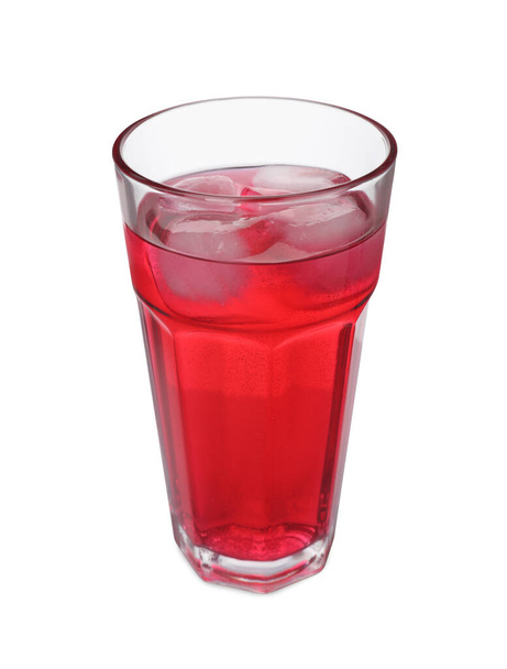 Glass of red soda water with ice cubes isolated on white - Fotó, kép