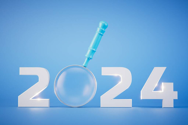 Große Pläne für 2024. Die Inschrift 2024 mit einer Lupe statt einer Null auf blauem Grund. 3D-Renderer. - Foto, Bild