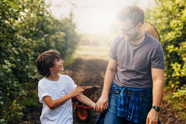 Father and son bonding in the orchard on a sunny day. - Foto, afbeelding