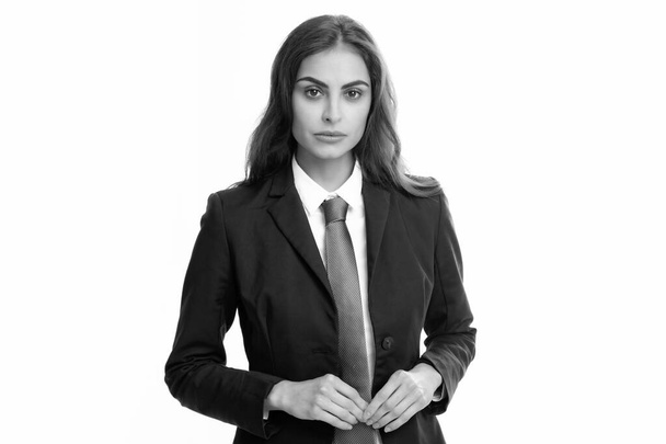 Business woman in suit and tie. Confident female entrepreneur. Female office worker, success manager. Portrait of attractive elegant fixing suit isolated on white background - Foto, Bild