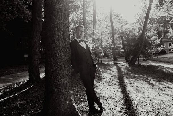 portrait of the groom in the forest in a wide shot, the groom leans his shoulder against a tree, the photo is backlit. black and white photo - Foto, Imagem