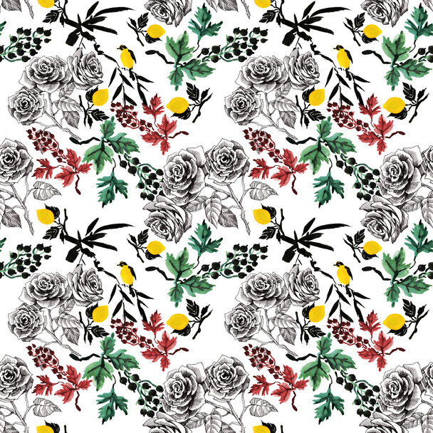 Rose flowers and lemons pattern - Photo, image