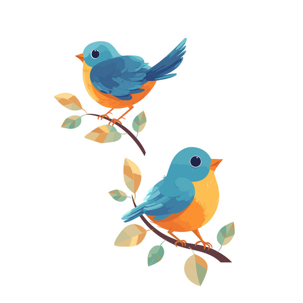 Set of vector blue birds on tree branches. illustration in flat style. - Vektör, Görsel
