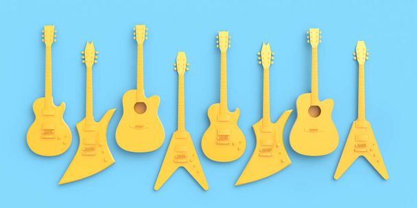 Set of electric acoustic guitars isolated on blue background. 3d render of concept for rock festival poster with heavy metal guitar for music shop - Фото, изображение