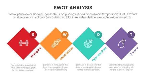 swot analysis concept with for infographic template banner with rotated square shape and circle badge four point list information vector illustration - Vettoriali, immagini