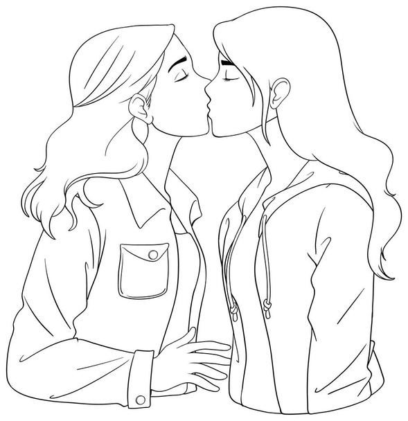 Ein lesbisches Paar küsst Doodle Skizze Illustration - Vektor, Bild