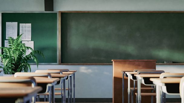 Blackboard, desks and chairs in empty school classroom, 3d rendering - Fotó, kép