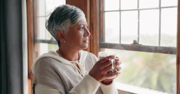 Home, thinking and senior woman with coffee, window and decision with retirement, wellness and calm. Mature lady, female person or warm of tea with a view, decision or relax with peace in the morning. - Imágenes, Vídeo
