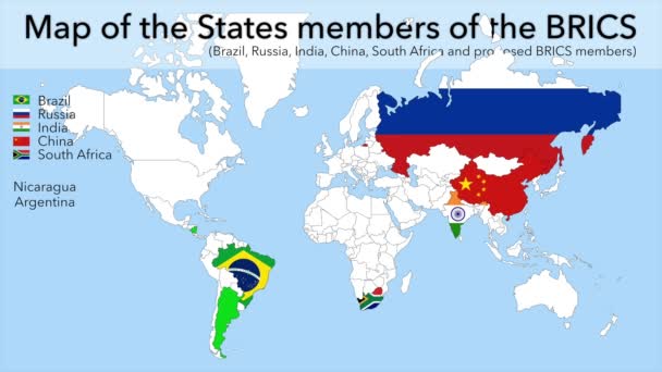BRICS, Brezilya, Rusya, Hindistan, Çin, Güney Afrika Birleşik Devletleri üyelerinin animasyon haritası ve önerilen BRICS üyeleri - Video, Çekim