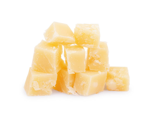 Swiss cheese cubes on white background - Fotoğraf, Görsel