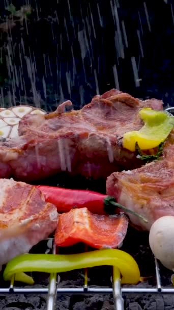 Grillschnitzel sehen sehr lecker aus, gekocht für einen Hamburger auf einem heißen offenen Feuer auf dem Grill dreht sich nach jeder Runde mit dem Spachtel um  - Filmmaterial, Video