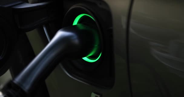 Electric charger flashes green-blue in vehicle charging connector. Connectors and types of chargers for electric vehicles concept - Materiaali, video