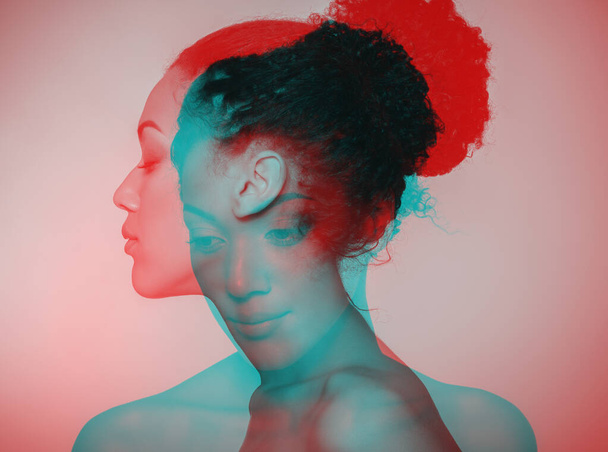 Young beautiful african american woman meditates or dreams, double exposure - Foto, immagini