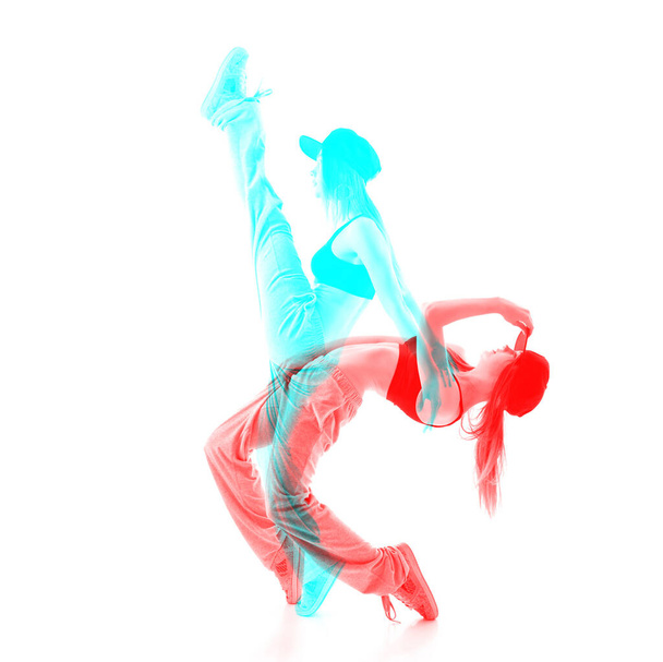 Double exposure of Teen girl hip-hop dancer over white background - Foto, immagini