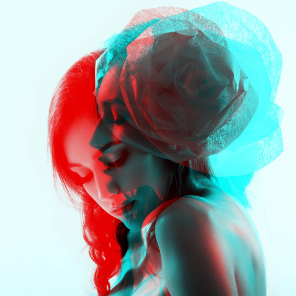 Double exposure of fashion glamour girl with red flower in her hair. Studio shot. - Zdjęcie, obraz