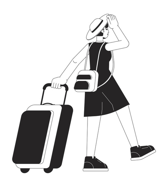 スーツケースフラットラインブラックホワイトベクトル文字で旅行帽子若い女性。編集可能なアウトラインフルボディの人。熱帯休暇は、ウェブグラフィックデザインのためのシンプルな漫画の孤立スポットイラスト - ベクター画像
