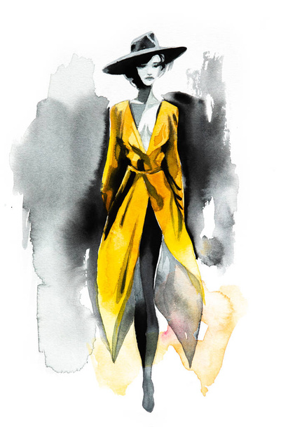 Abstract female fashion model black and yellow portrait, hand drawn watercolor illustration. Young beautiful woman showcases trendy clothes  - Valokuva, kuva