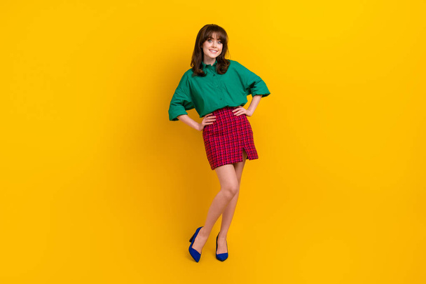 Full length portrait of nice gorgeous positive person put hands waist posing isolated on yellow color background. - 写真・画像