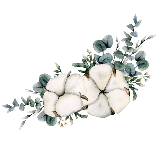 Cotton dry flowers and eucalyptus branches corner frame illustration isolated on white background. Hand drawn rustic card for floral wedding designs. - 写真・画像