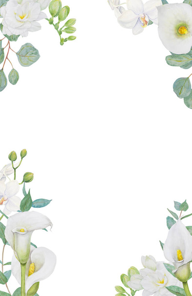 Акварельный клипарт из белой каллы лилии, орхидеи, цветов фрезии и эвкалипта. Ручная рисованная цветочная иллюстрация для свадебных приглашений, цветочных салонов, косметики, красоты. Изолированный тропический водный арум - Фото, изображение