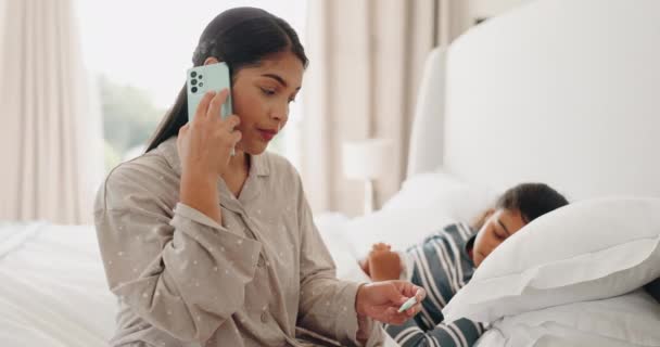Phone call, mother or sick kid temperature check, fever and ill from virus, flu or infection with worried mom support. Home bedroom, thermometer or mama talk on mobile consultation for ill child help. - Footage, Video
