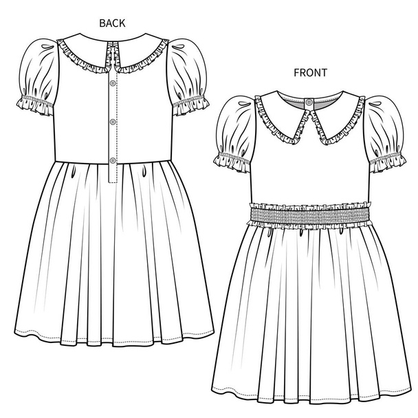 Front and back view of dress for teen girls and kid girls in editable vector - Vektor, kép