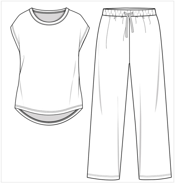 Tee and pajama flat sketch of nightwear set for women and teen girls in editable vector file - Vector, Imagen