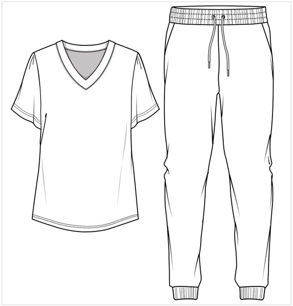 Tee and pajama flat sketch of nightwear set for women and teen girls in editable vector file - Vector, imagen