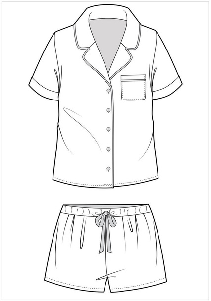 Notch collar top and shorts flat sketch of nightwear set for women and teen girls in editable vector file - Vektor, kép