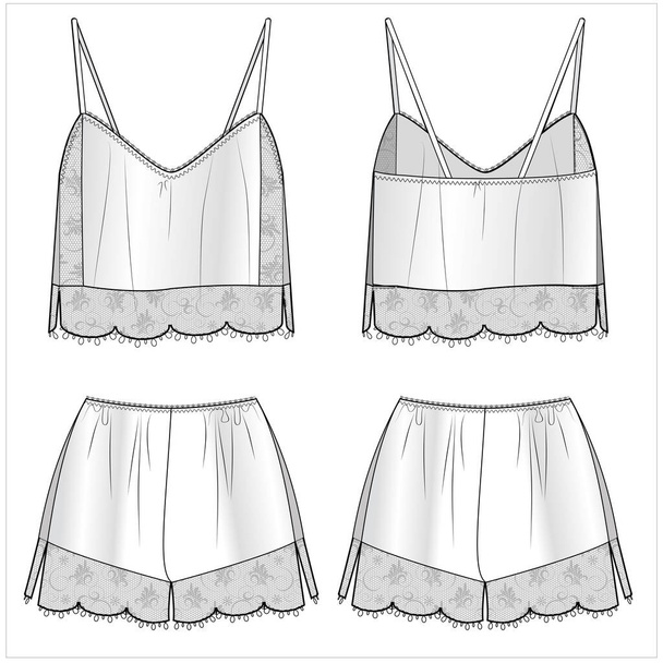 women cami top and shorts nightwear set for women in editable vector file, front and back view - Vector, imagen
