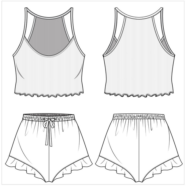 women cami top and shorts nightwear set for women in editable vector file, front and back view - Vecteur, image