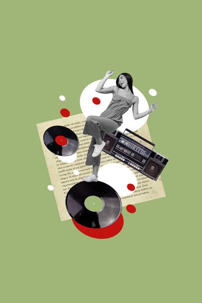 Vertical creative photo collage of ecstatic overjoyed young girl dancing on vinyl record enjoy vintage music isolated khaki background. - 写真・画像