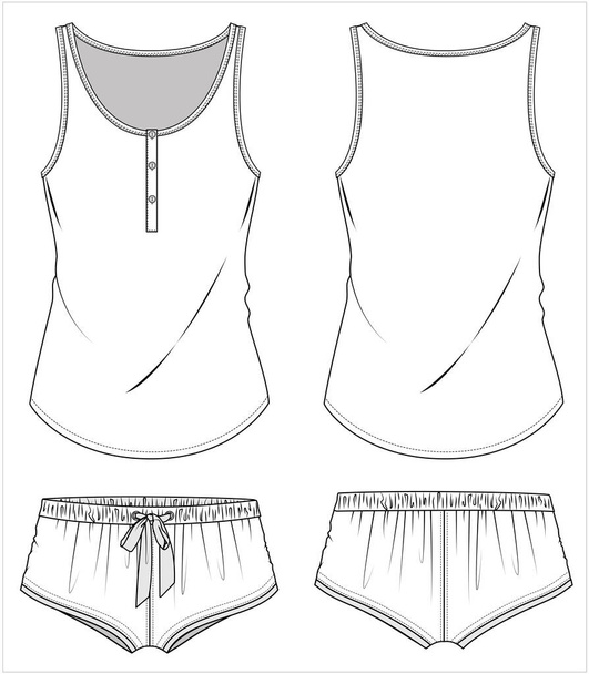 Cut and sew panel sleeveless and shorts nightwear set for women and teen girls in editable vector file - Wektor, obraz