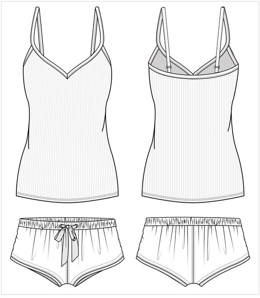 women cami top and shorts nightwear set for women in editable vector file, front and back view - Vector, imagen