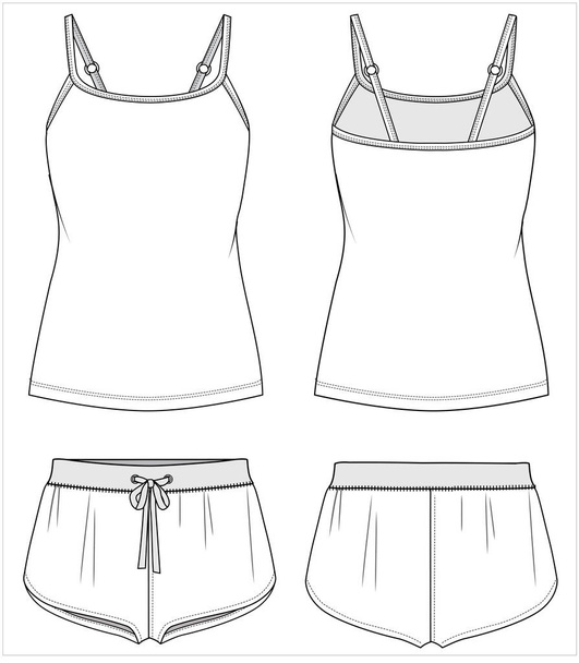 women cami top and shorts nightwear set for women in editable vector file, front and back view - Vector, Imagen